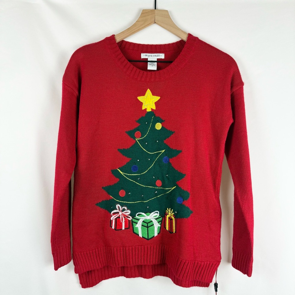 99 Jane Street Women’s Festive Red Christmas Tree Vintage Sweater With Lights